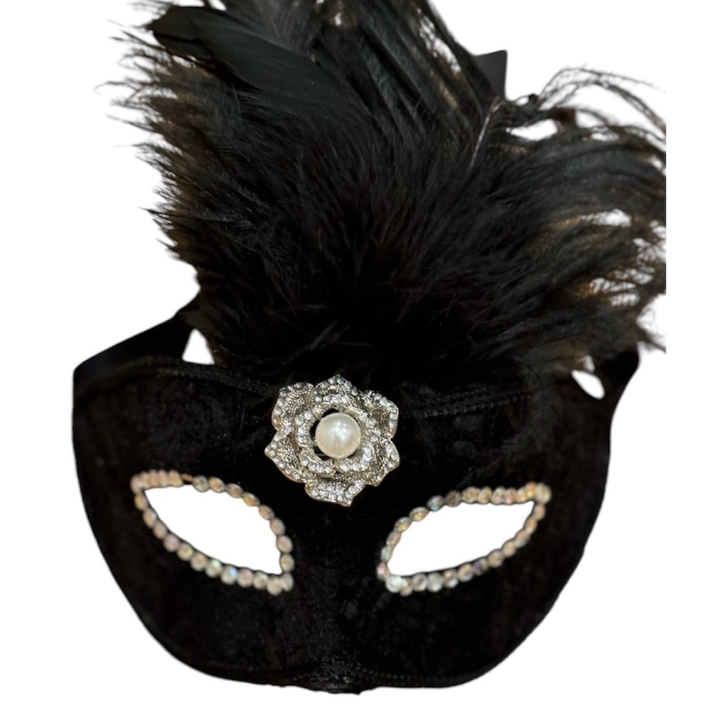 Masquerade Black Velvet Feather Mask Mardi Gras Jewel Costume Sexy Rhinestone